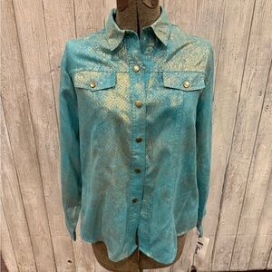 Teal Button Down Shirt with Gold Accents